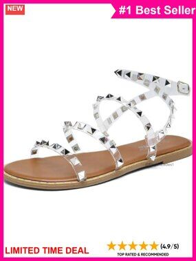 Studded Strappy Gladiator Flat Sandals Ankle Strap Faux Leather